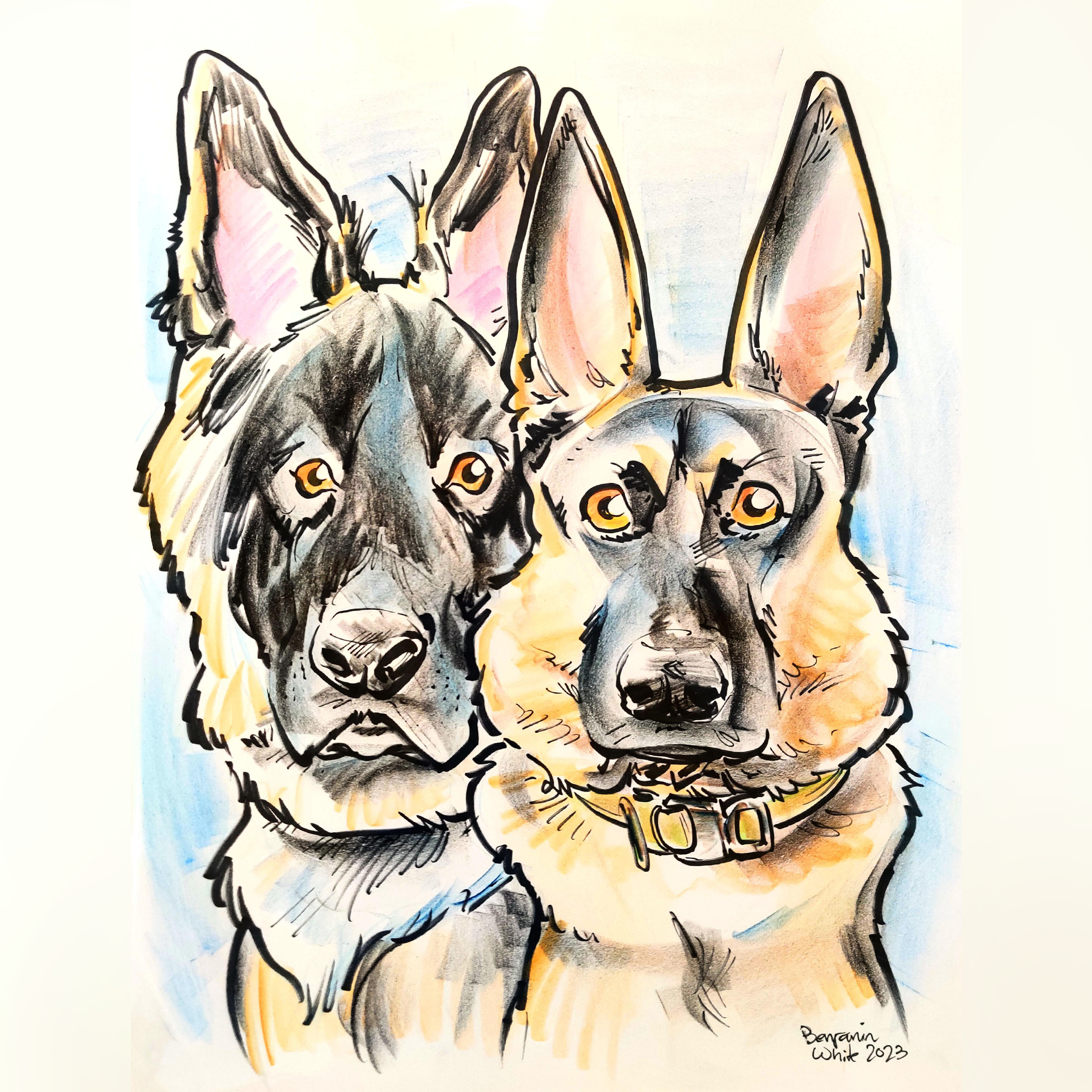 Caricature of 2 dogs stairing at you
