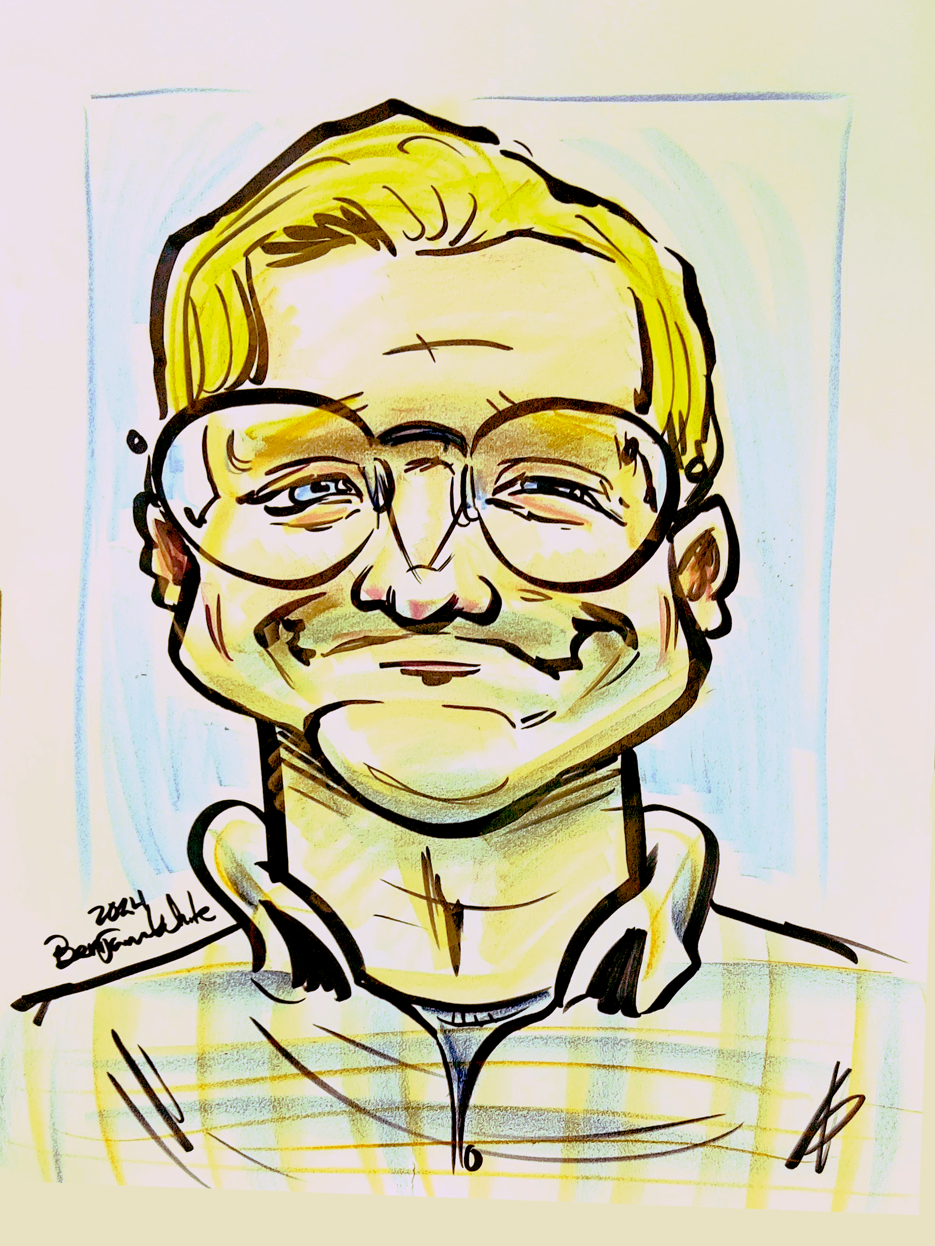 Caricature of a young man grinning joyfully.