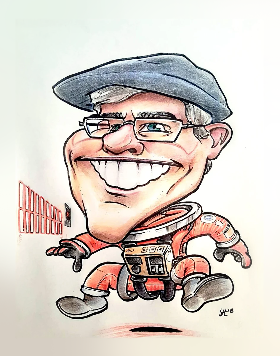 Caricature of Andy Weir floating in a liminal space reminiscent of 2001 a space odyssey