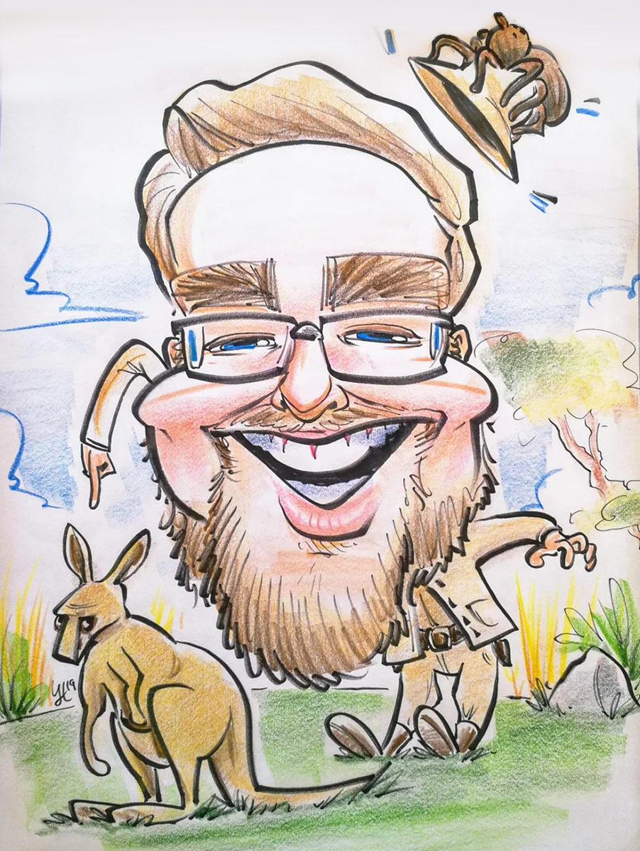 Caricature of an Australian trailblazer posing with a kangaroo