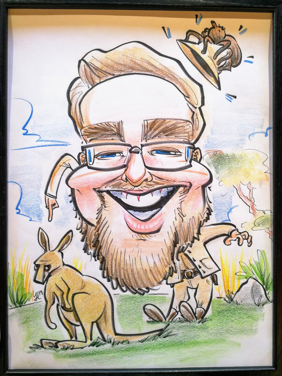 Caricature of an Australian trailblazer posing with a kangaroo