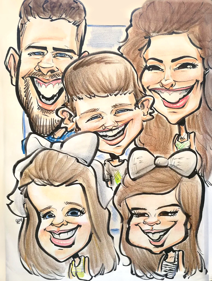 Caricature of a traditional nuclear family of five