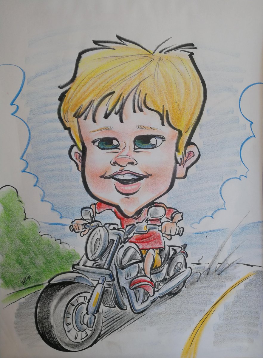Caricature of blonde boy on a chopper style motorcycle