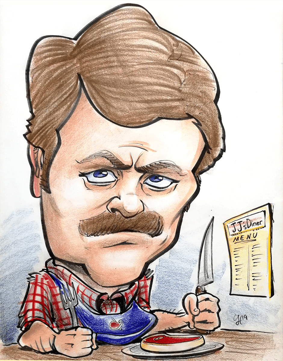 Caricature of Ron Swanson preparing to dine on a fine steak