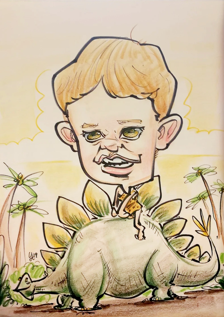 Caricature of a blonde kid riding a fat Stegosaurus