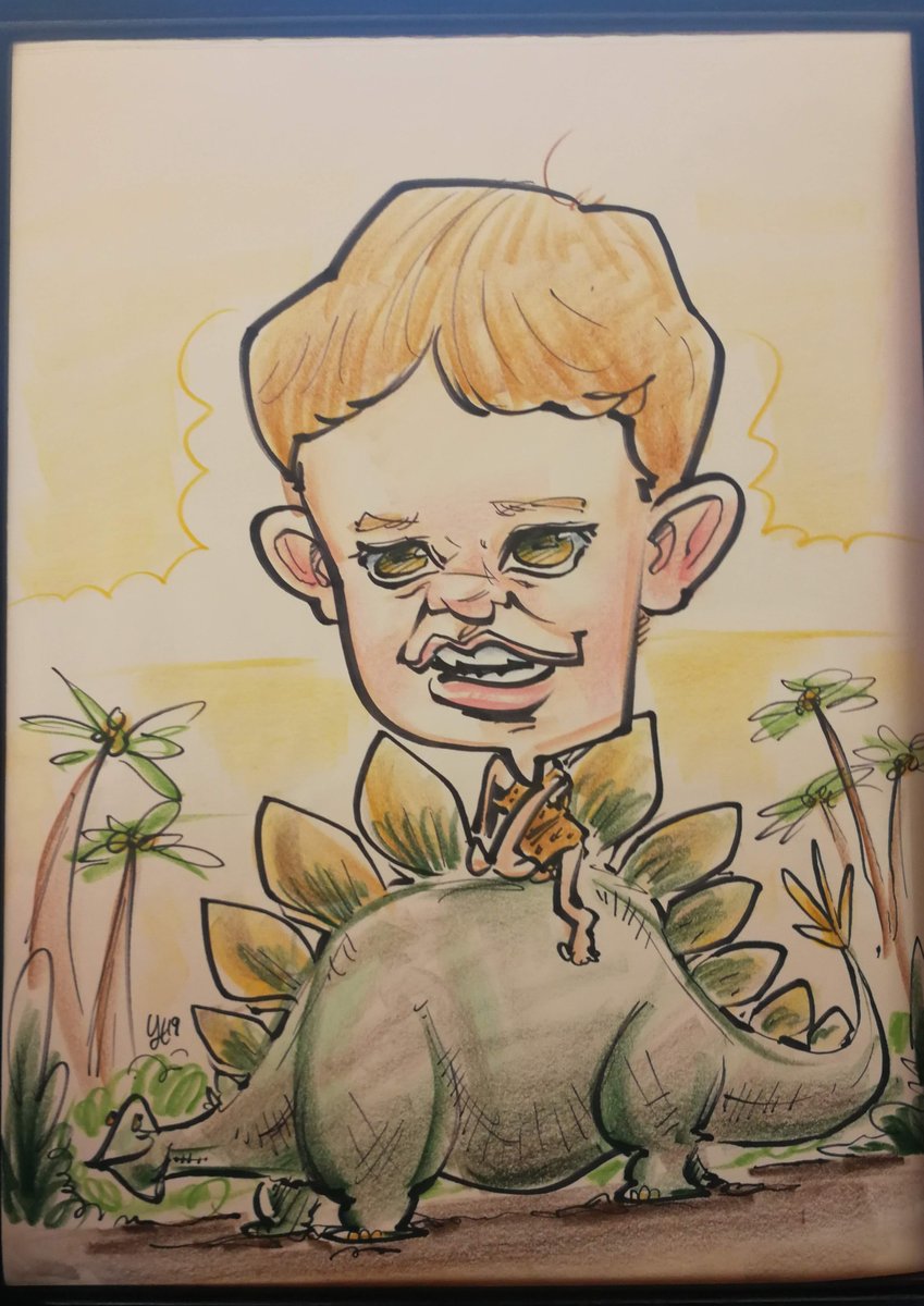 Caricature of a blonde kid riding a fat Stegosaurus