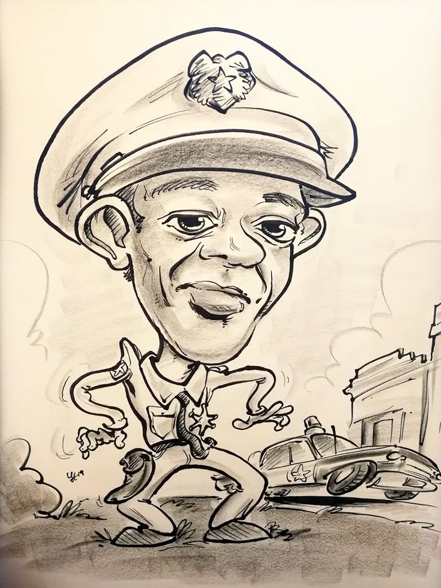 Black and White Caricature of Barney Fife preparing for a Mayberry duel