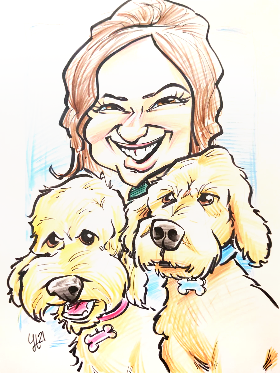 Caricature of a dog mom with two curly haired terriers