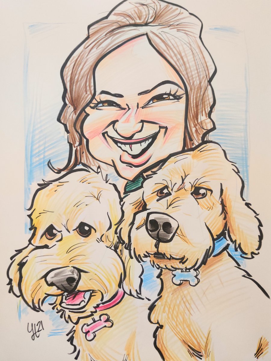 Caricature of a dog mom with two curly haired terriers