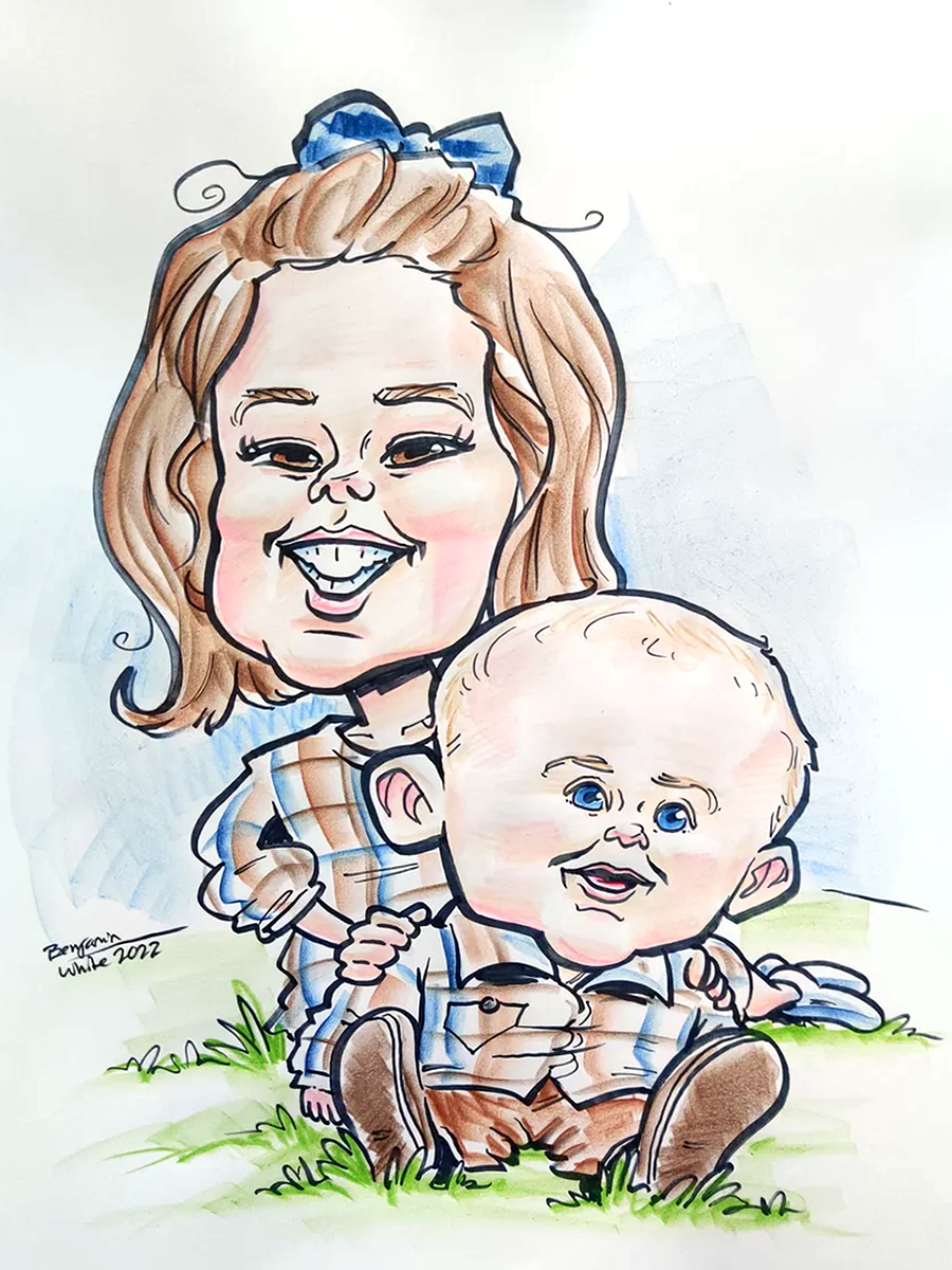 Caricature of a young sister and baby brother in their Sunday best