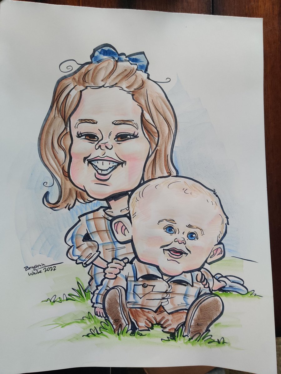 Caricature of a young sister and baby brother in their Sunday best