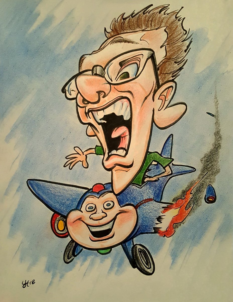 Caricature of Ben White flying Jay Jay  the Jetplane as he careens towards the ground 