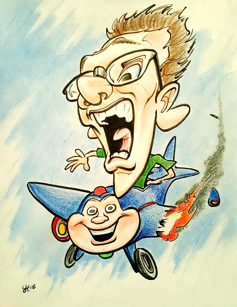 Caricature of Ben White flying Jay Jay the Jetplane as he careens towards the ground.