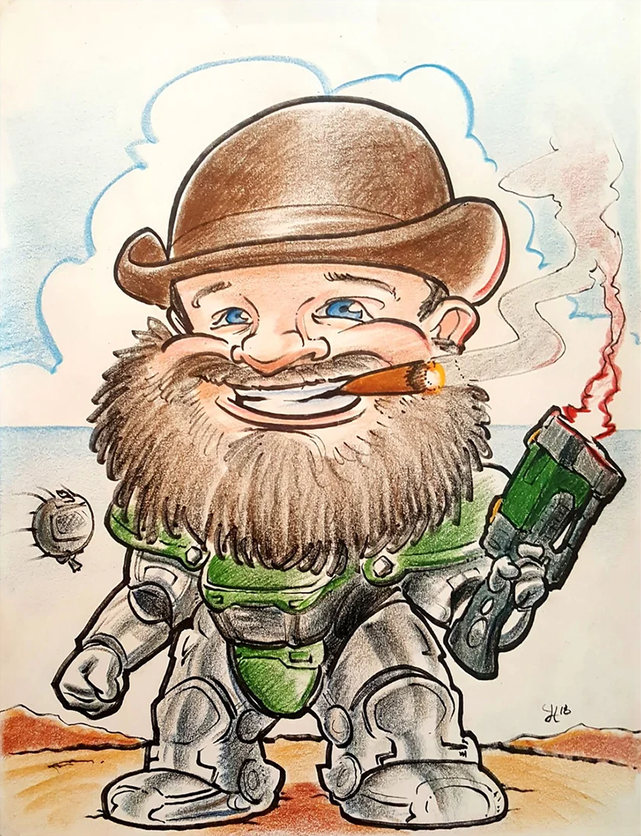 Caricature of a dapper gentleman wearing T51 Power Armor from Fallout