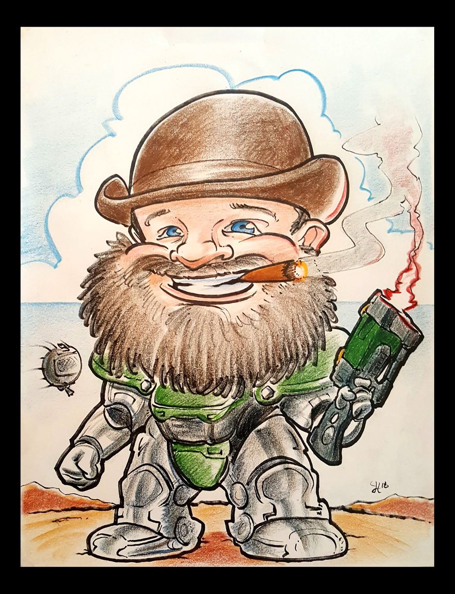 Caricature of Oxhorn the Youtuber wearing T51 Power Armor from Fallout