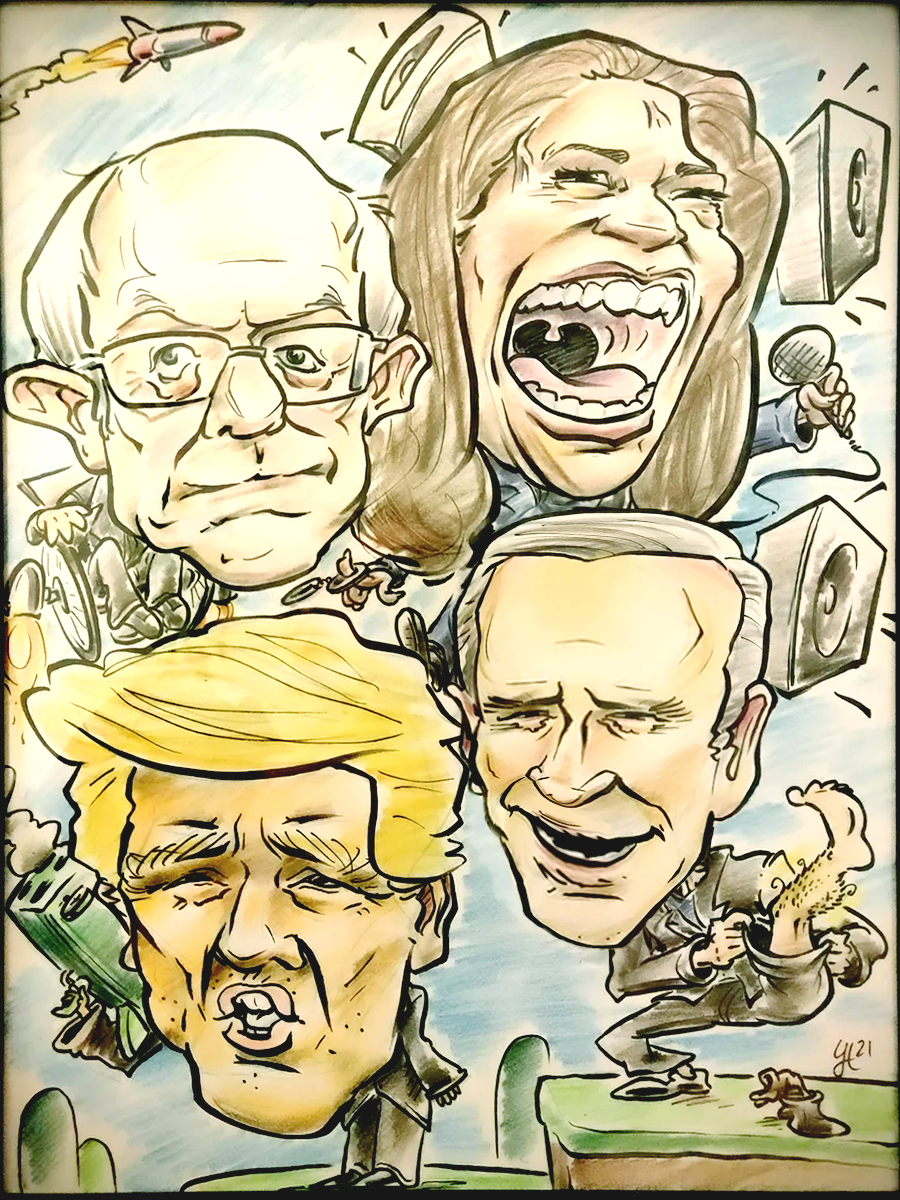 Caricature of Trump, Bernie, Kamala and Biden fighting in super smash bros
