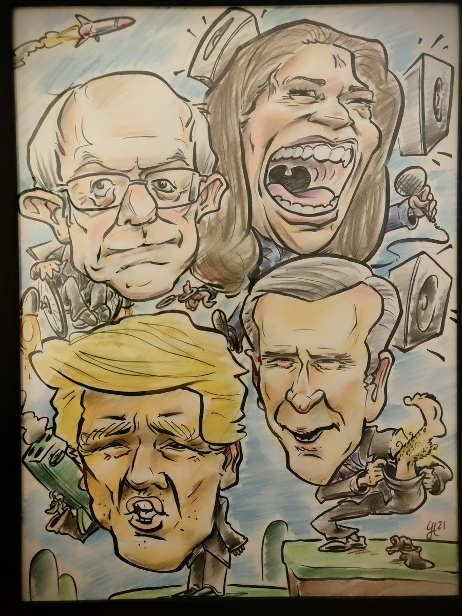 Caricature of Trump, Bernie, Kamala and Biden fighting in super smash bros