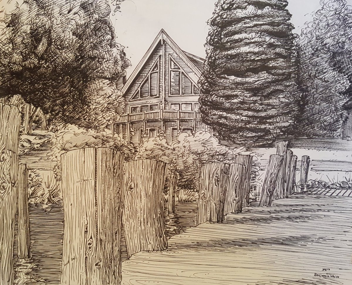 Pen and ink drawing of an Airbnb at Michigan's upper peninsula.