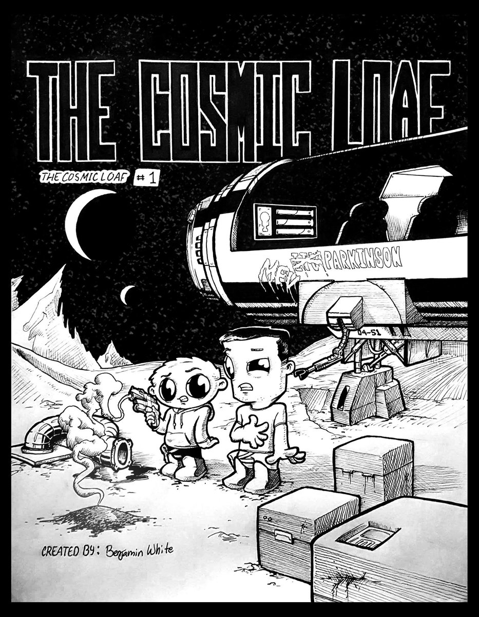 Pen and ink comic cover for The Cosmic Loaf featuring Loaf and Citrus.