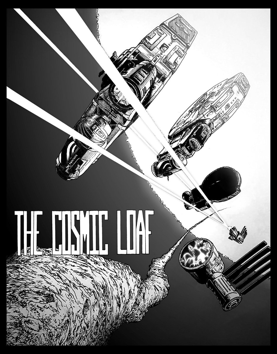 Pen and ink comic cover for The Cosmic Loaf featuring The Parkinson spacecraft.. 