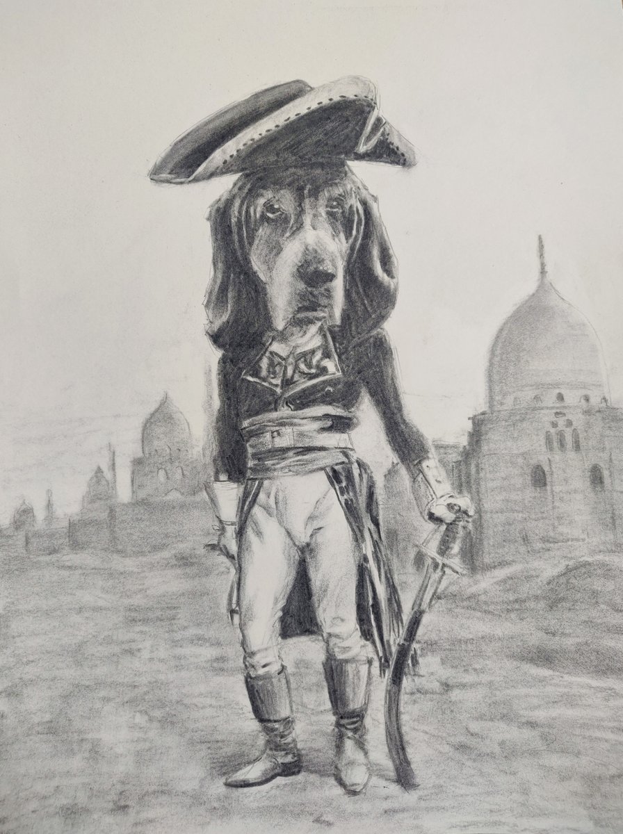 Pencil and Charcoal drawing of personified dog dressed in Napoleonic officer garb.