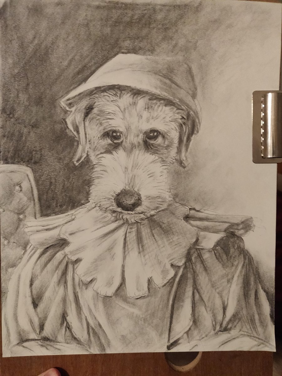 Pencil and Charcoal drawing of personified maid dog wearing period accurate attire.