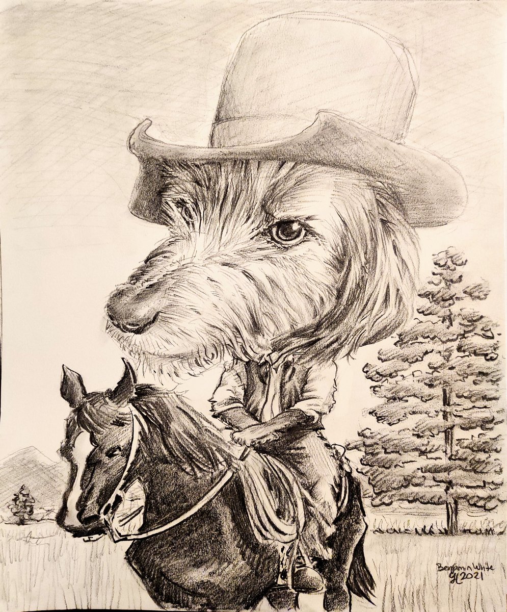 Pencil and Charcoal drawing of personified cowboy dog on horseback.