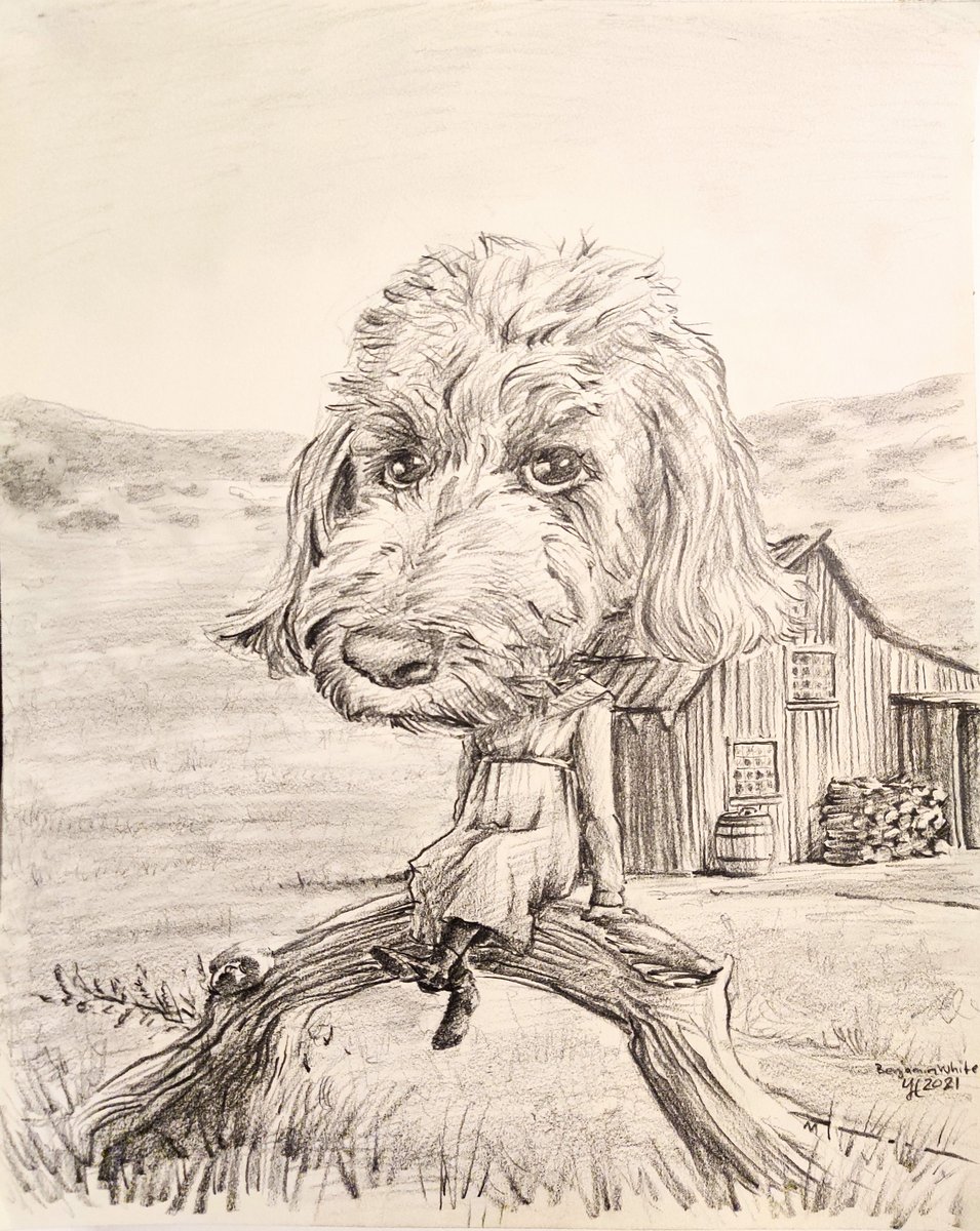 Pencil and Charcoal drawing of personified farmgirl dog on the set of Little House on the Prairie.