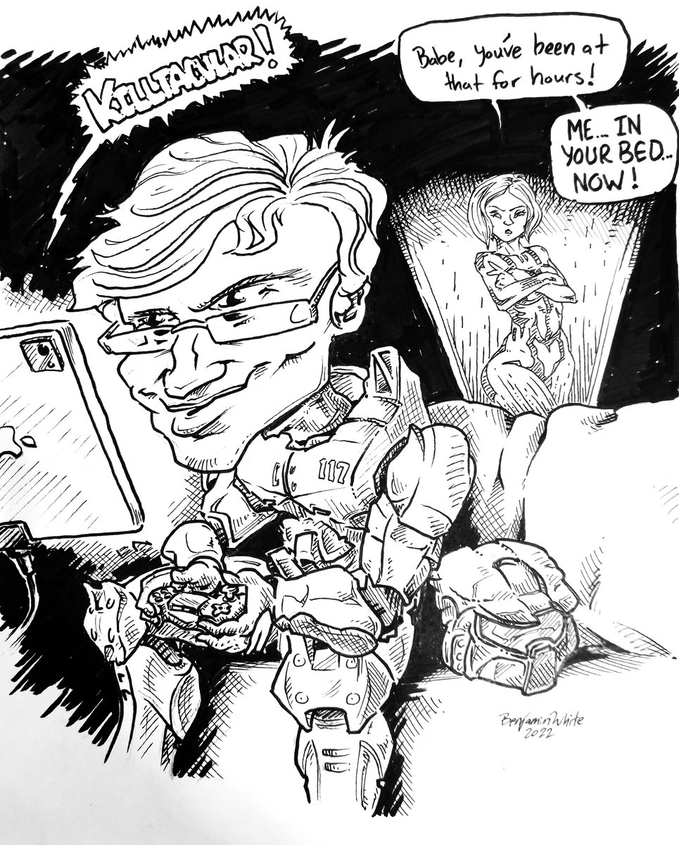 Pen and ink drawing of Chris Ray Gun on the couch wearing Halo armor with Cortana beckoning him.