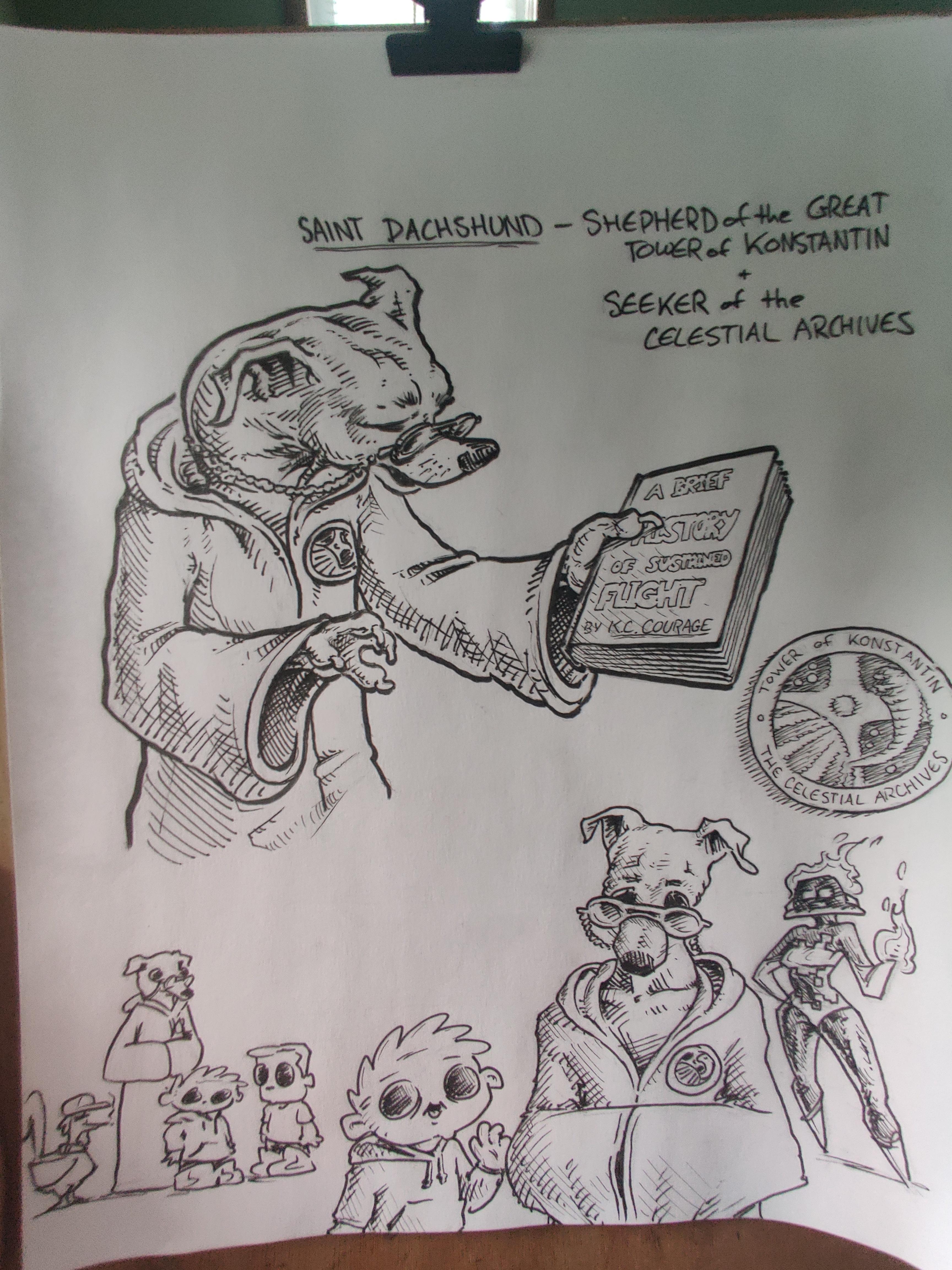 Pen and ink concept drawing of Saint Dachshund, a dog headed bipedal monk.