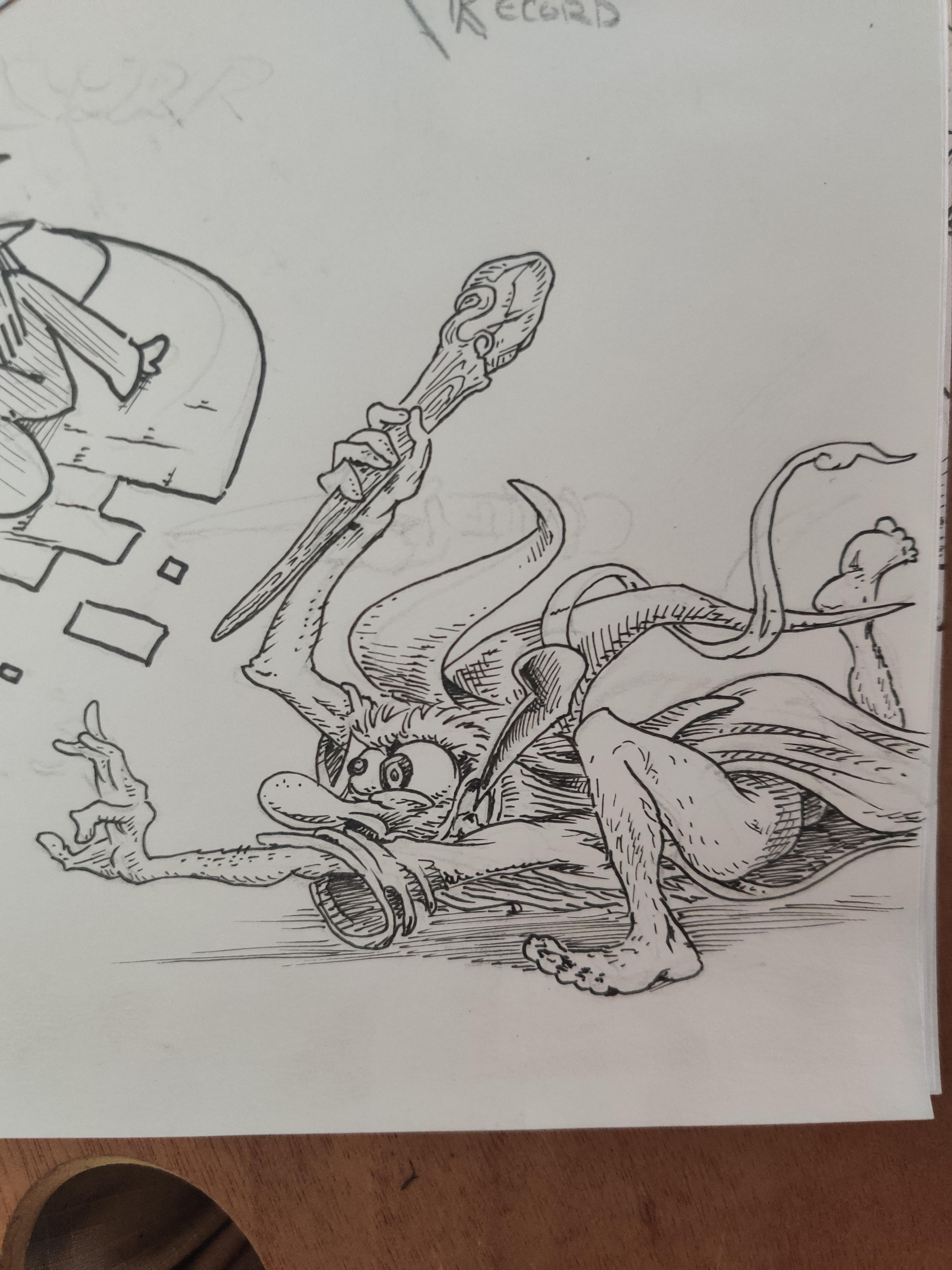 Pen and ink concept sketch of the Lonely Wizard Records mascot wildly running.