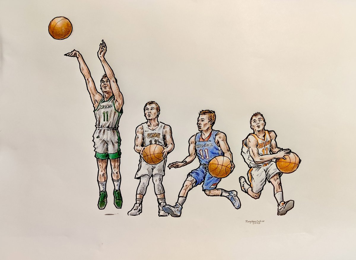 Four stage of shooting a basketball featuring Isaac White. Pen and ink with colored pencil.