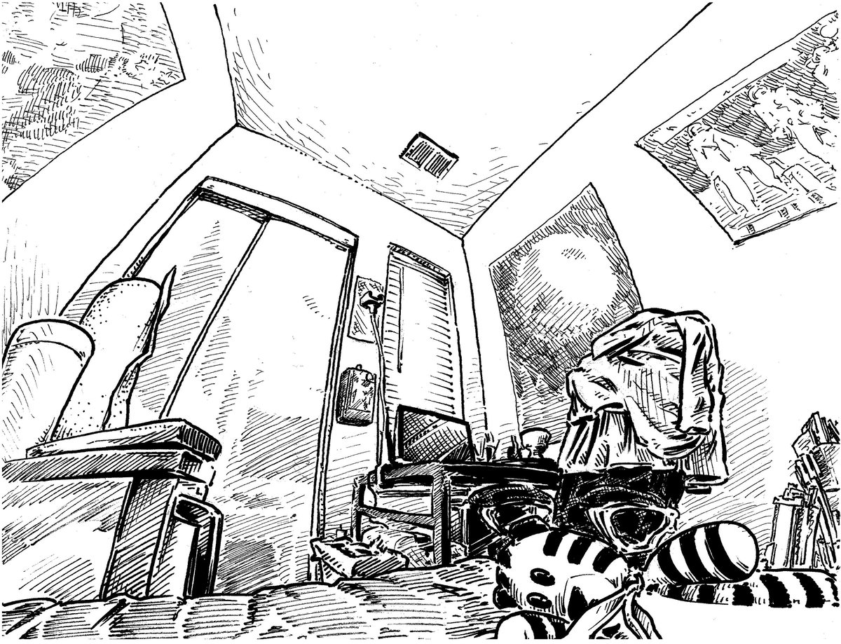 Pen and Ink drawing of college apartment bedroom.
