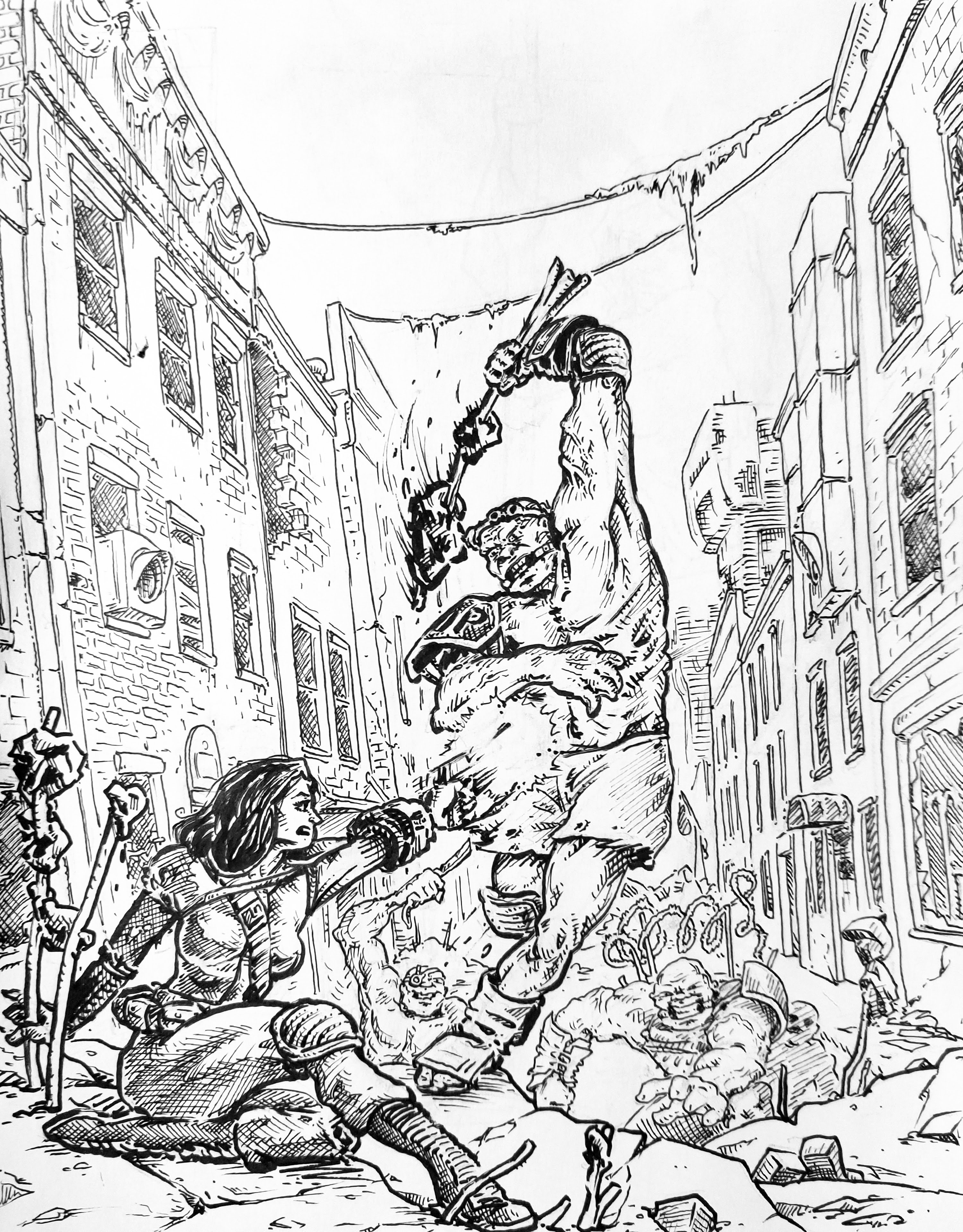 Pen and ink Fallout fan art of a supermutant attack.