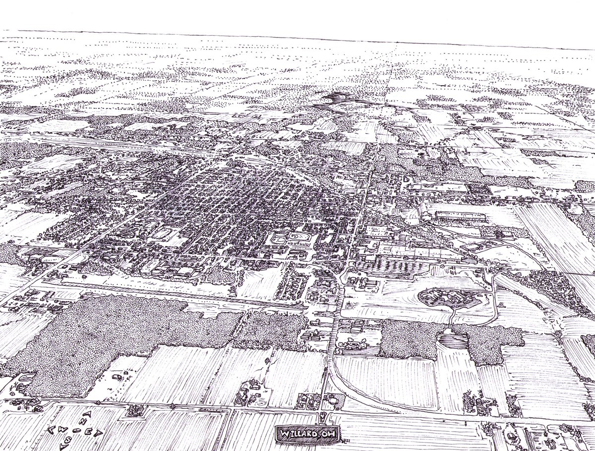 Pen and ink drawing of a sky view perspective of Willard, Ohio