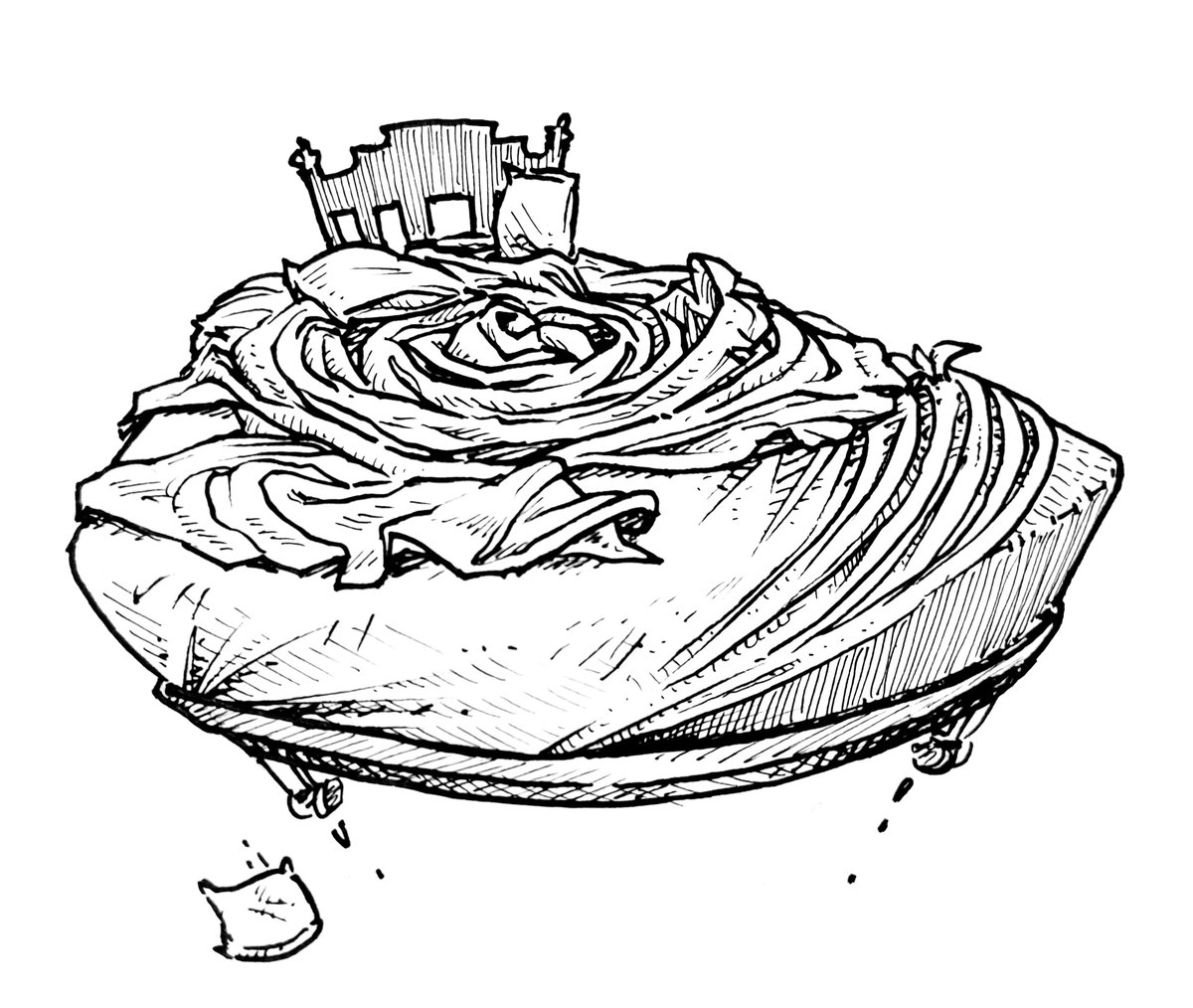 Pen and ink drawing of a spiraling floating bed commissioned by West Gibson
