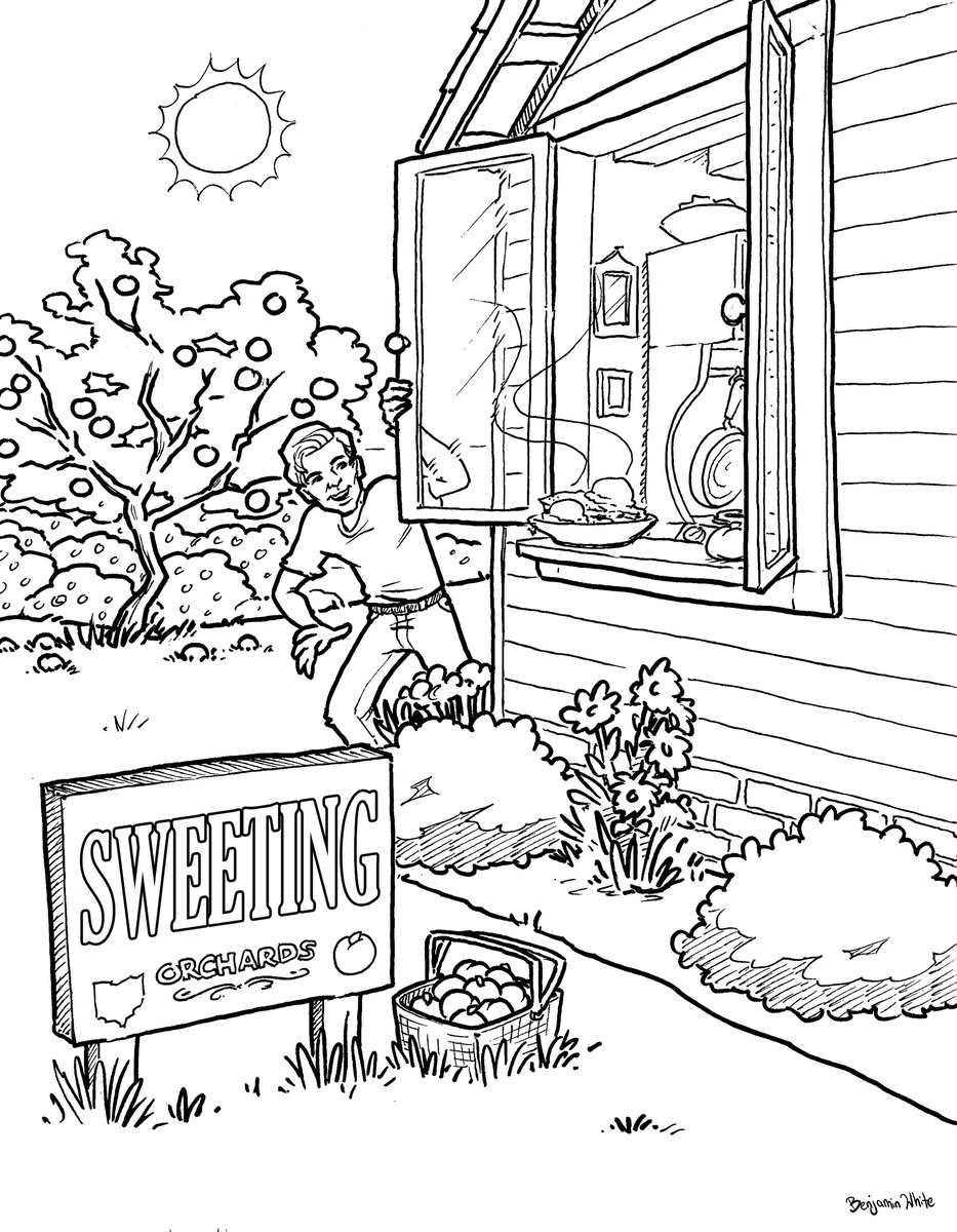 Pen and ink coloring page for Sweeting Family Farms Orchard.
