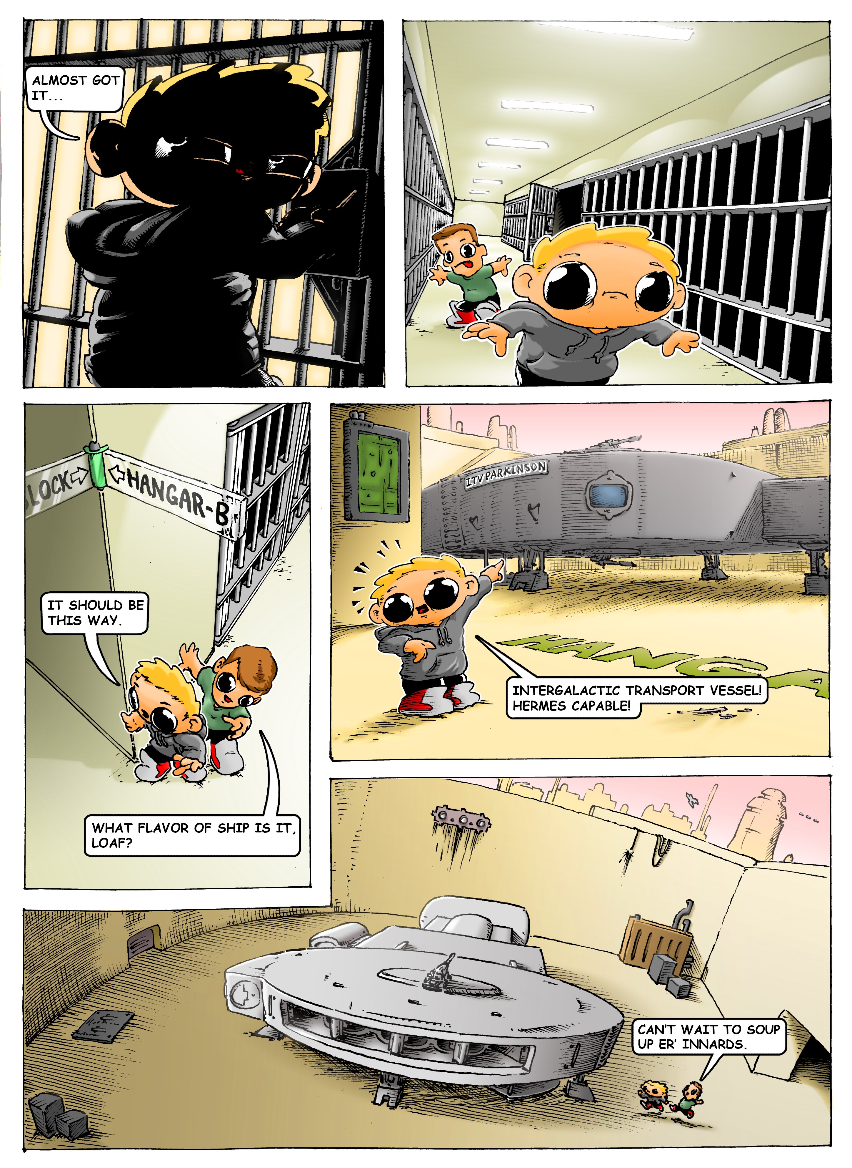 Concept page one from The Cosmic Loaf comic. Pen and Ink with digital coloring.