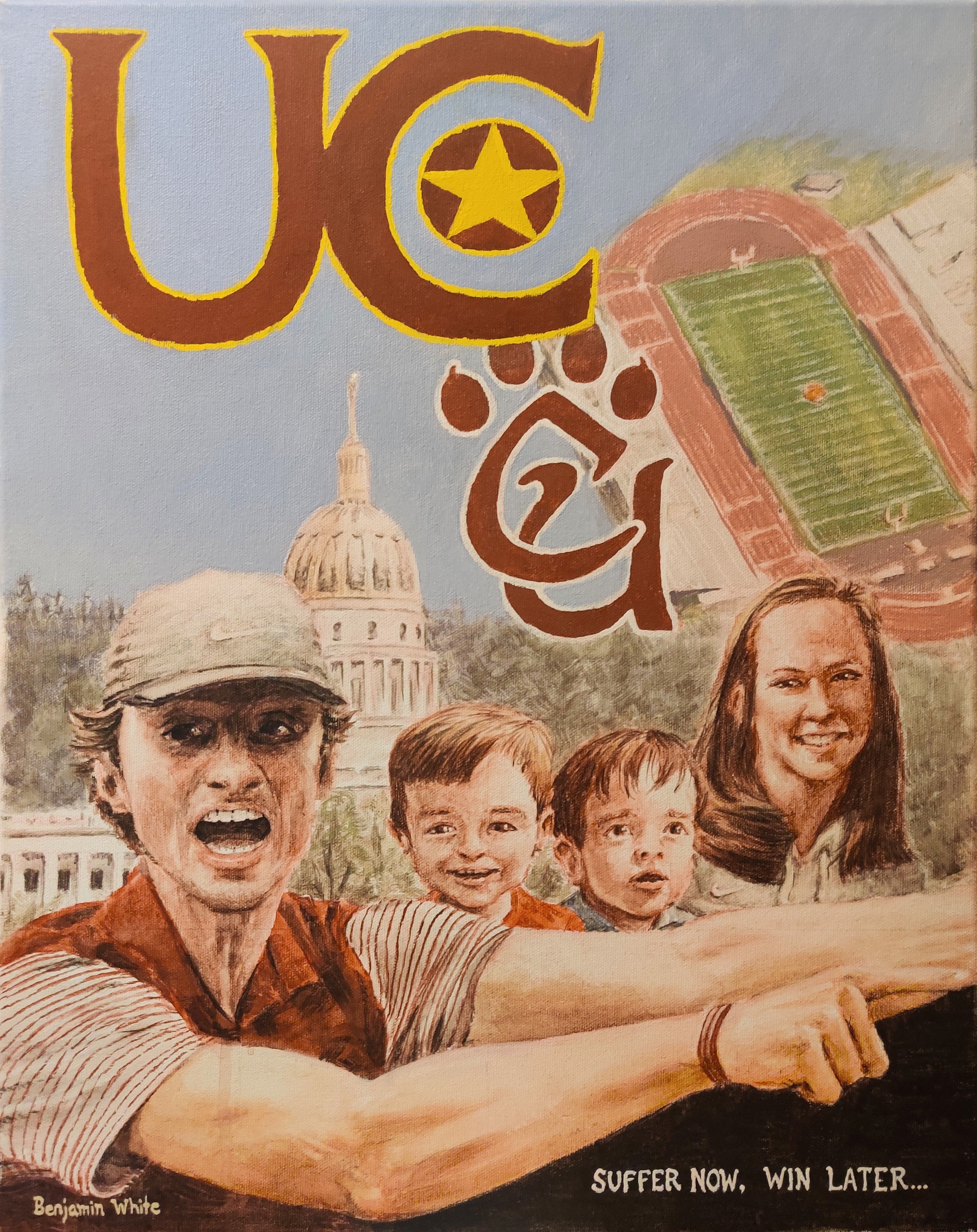 Painted collage of a coach and his family with various scenes behind them