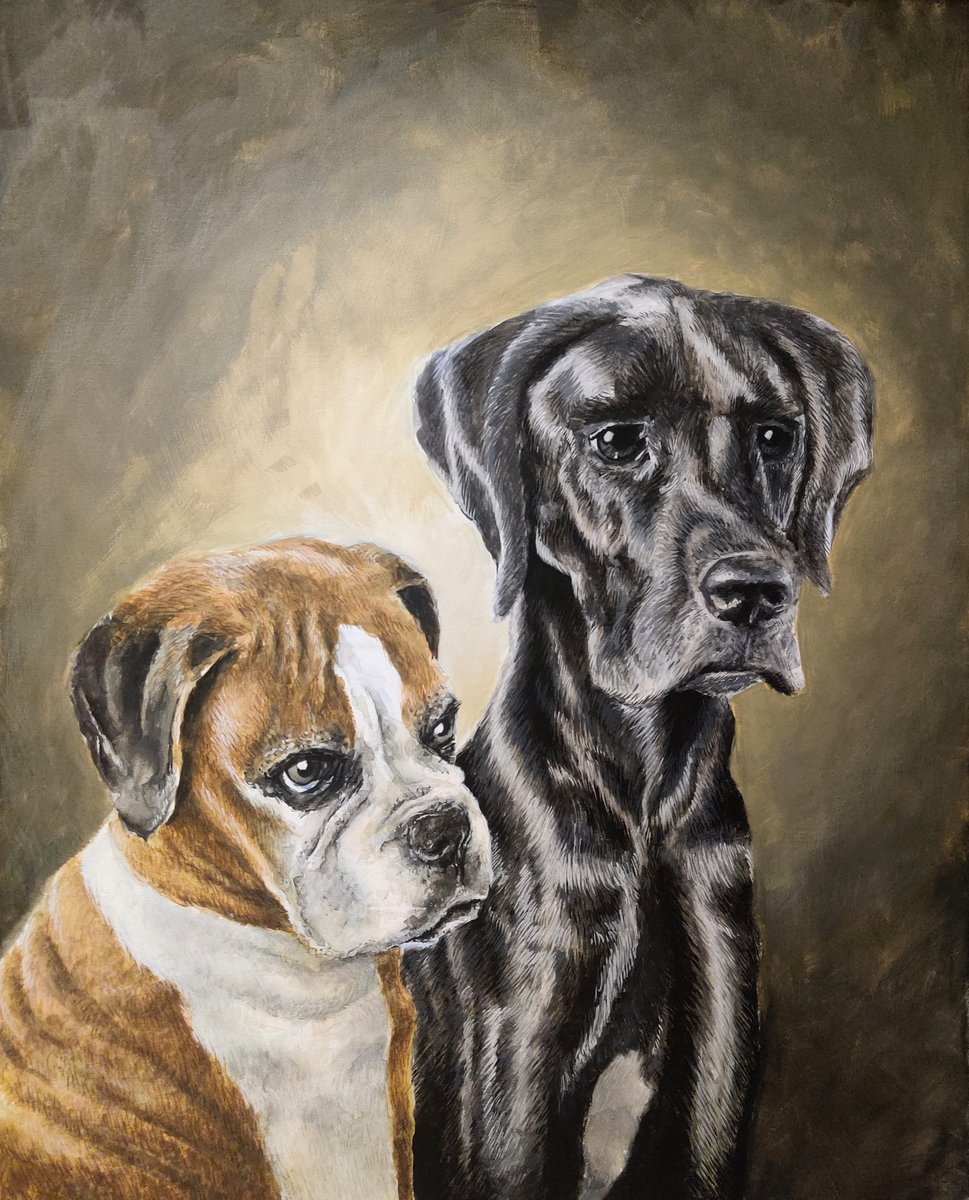 Traditional and formal painting of two large dogs.