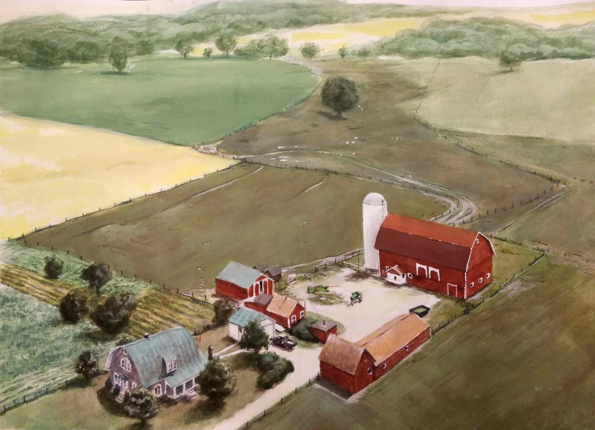 Sky view painting of an old family farm in Ohio 