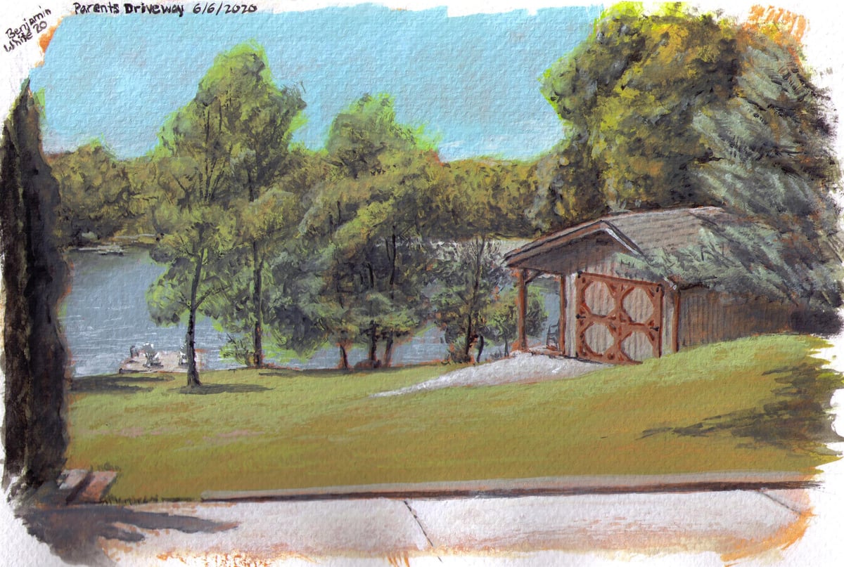 Painting of childhood backyard and lake in Holiday Lakes, Ohio