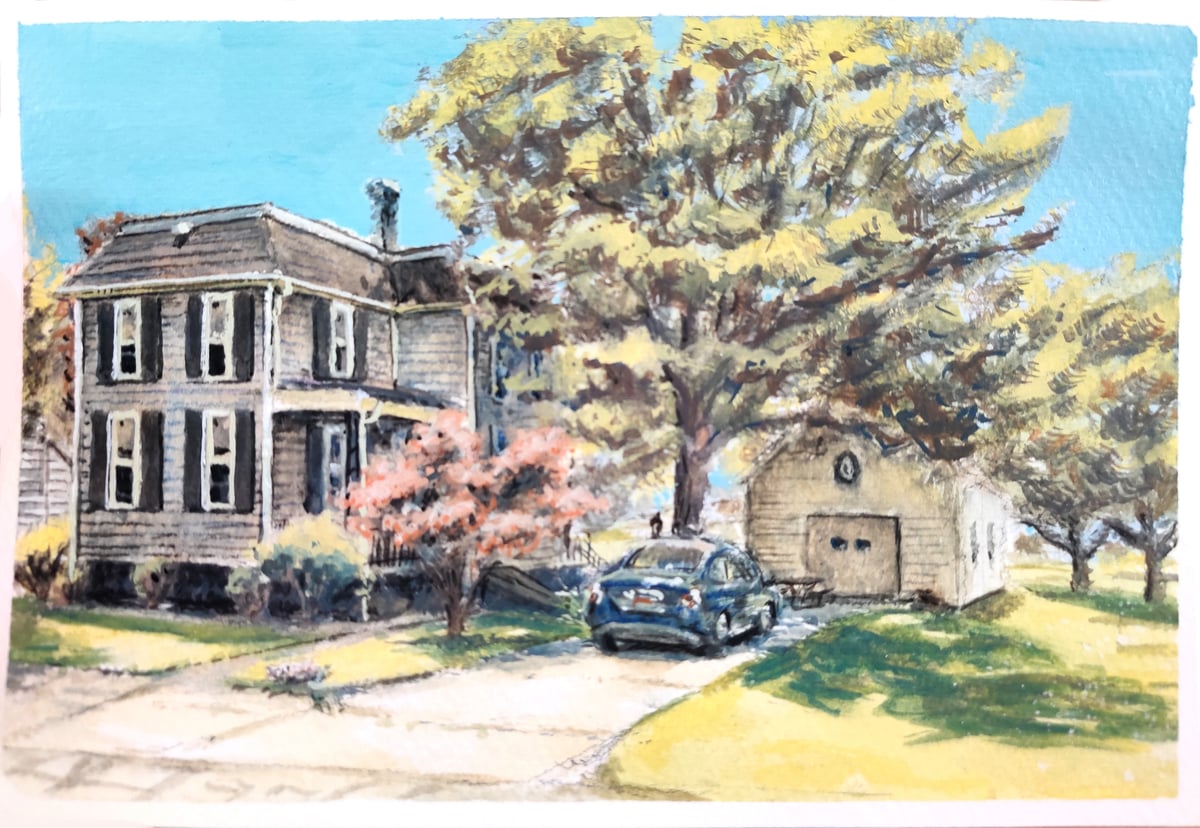Painting of home with maple tree and garage in Pemberville, Ohio.